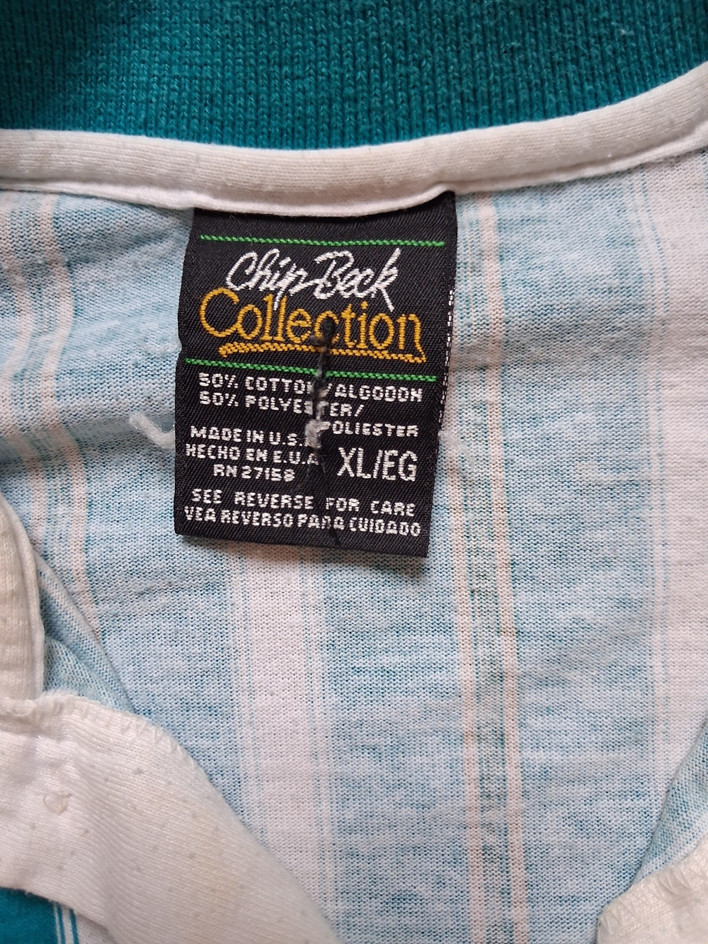 Vintage Chip Beck Men's  Striped Teal Polo Shirt with Chest Pocket Made In USA - Picture 5 of 6